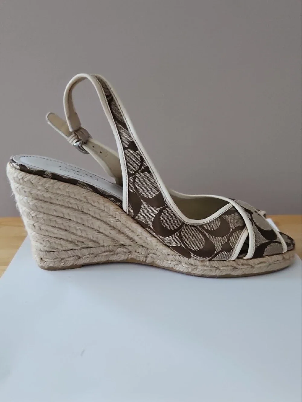 Coach Beige Canvas Kara Espadrille Slingback Wedges 10B Signature